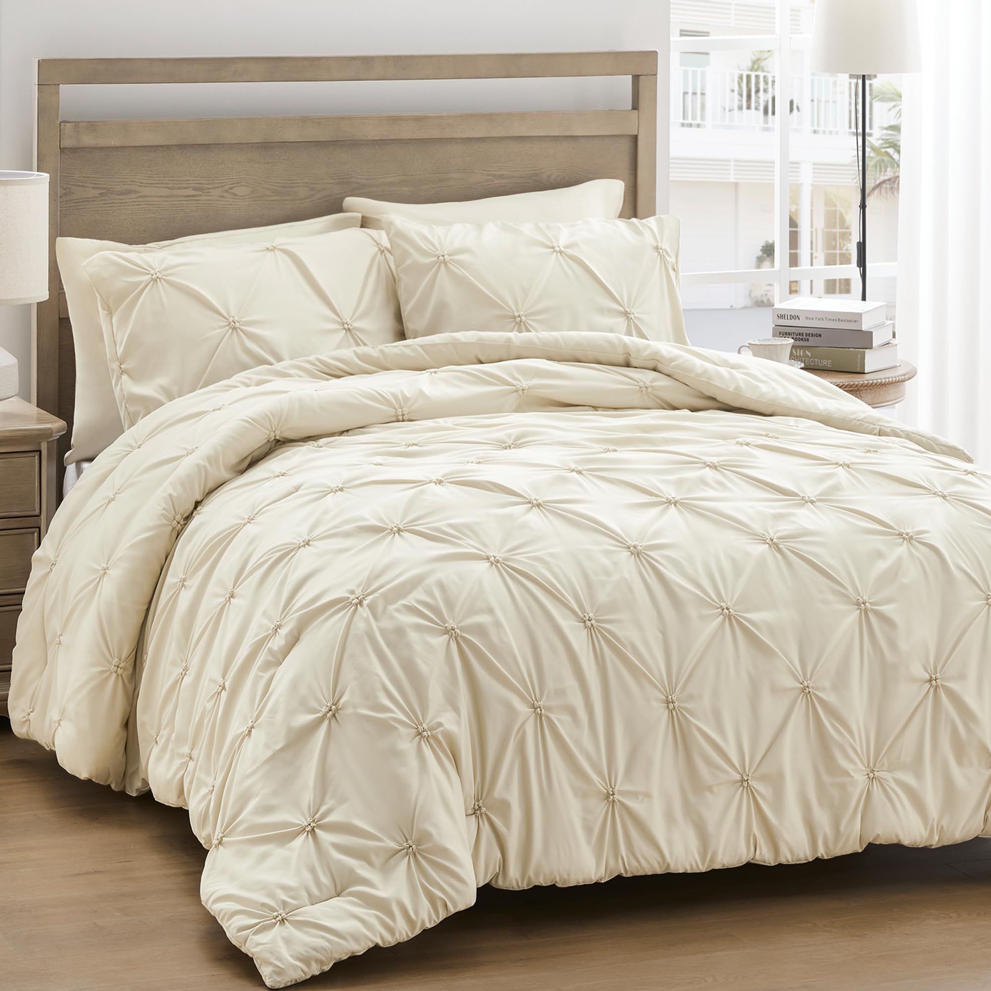 Unikome Queen Comforter Set Cream - Soft Fluffy Pintuck Down Alternative Bedding Set For All Seasons, 3 Pieces Pinch Pleat Solid